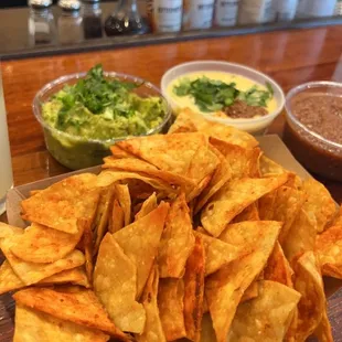 Trio Guacamole, Queso, Salsa Roja and Chips