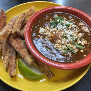 Beef Birria Potato Soup with a side of Sweet Potato Fries! Fresh, rotating soups available during the winter season!