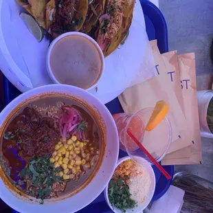 Birria tacos, Birria Ramen and Mexican Corn