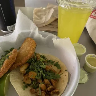 Chicken Street Taco, Chicken Empanada &amp; pineapple agua fresca