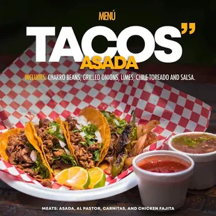 Mini tacos de Asada, incluye frijoles charros, cebolla asada, Chile toriado, limones y salsa. Por solo 6$