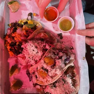 NUEVO LEON AL PASTOR, GARLIC CILANTRO GULF SHRIMP and Veggie Taco