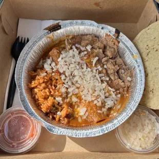 Combo #2: One cheese enchilada, and one beef taco with a side of rice and beans with extra onions and a side of salsa.