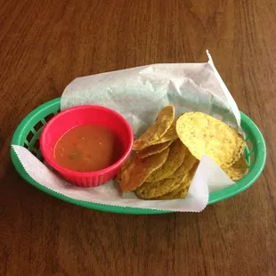 Chips &amp; Salsa - one basket free with meal - my fiancé thinks it's the best salsa around.