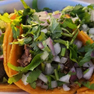 a plate of tacos with meat and onions