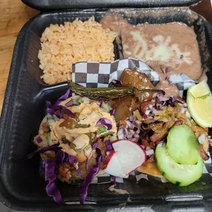 Fish and pork taco combo and 2 birrias delish