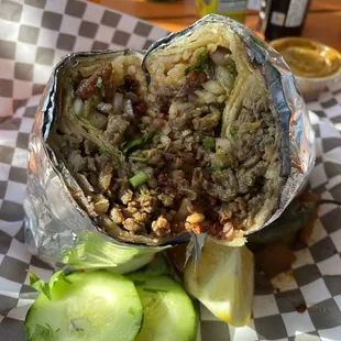 Carne asada and chorizo burrito