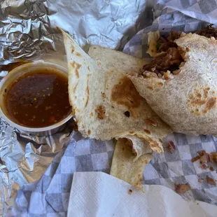 Tripas burrito and salsa