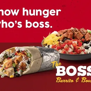 two burritos with the words slow hunger who&apos;s boss