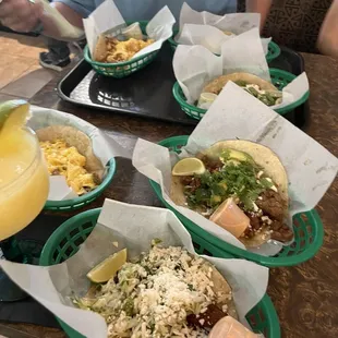 fried fish taco, Street Taco, egg sausage cheese taco