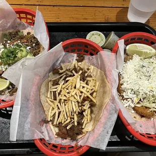 Left to right: street taco, el 4/20, fried fish taco
