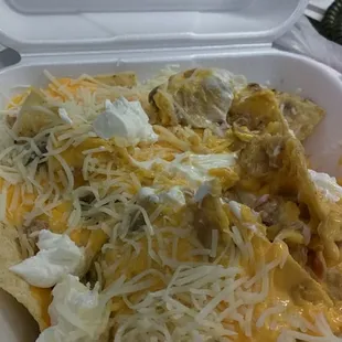 Chile verde nachos w/o jalapenos. I added shredded cheese &amp; sour cream.