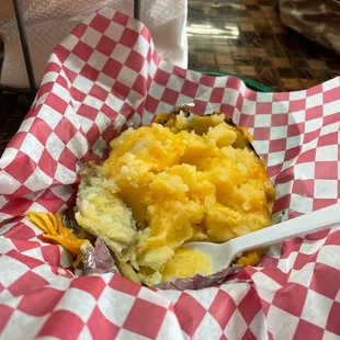 a plate of food in a basket