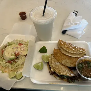 Horchata , Tacos Quesabirria, fish taco
