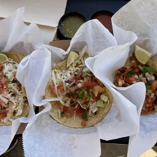 Two fish tacos (6" tortilla) and one al pastor (4" tortilla, taco Tuesday special).