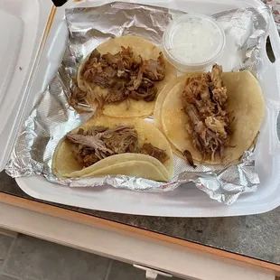 Carnitas street tacos.  Nothing fancy just the meat.  Yummy meat.