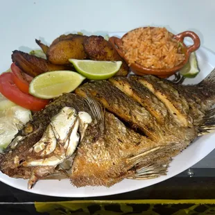 a plate of fish and rice
