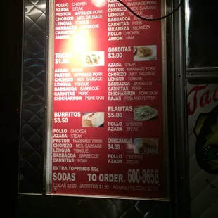 Menu. Sorry for the glare!