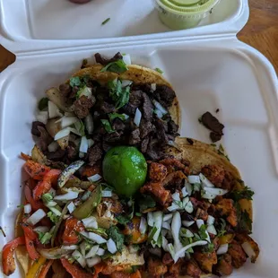 Carne asada, al pastor, and vegetarian tacos