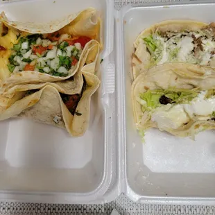 two different types of tacos in a styrofoam container