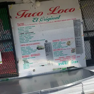 the menu of a taco restaurant