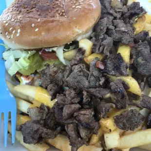 Burger with bacon  and fries and asada