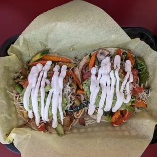 Super Veggie Tacos (one with homemade tortillas and one with standard)