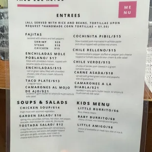 Menu (Entrees &amp; Kids&apos; Menu page)