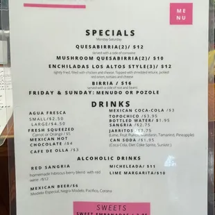 Menu (Specials, Drinks &amp; Dessert page)