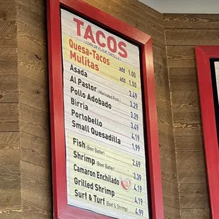 Tacos menu