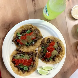 3 asada tacos with the "spiciest" salsa
