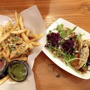 Chicken tikka masala roti taco, lamb curry roti taco, masala fries