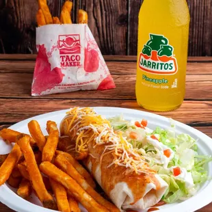 a plate of food and a drink