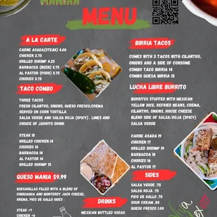the menu for taco maniaa