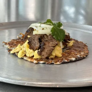 Steak and egg taco
