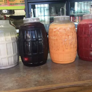 Agua Frescas: horchata, Jamaica, melon, and watermelon