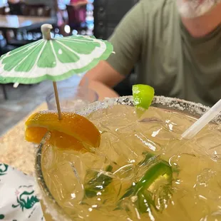 A giant jalapeño margarita with fresh fruit garnish! Ty