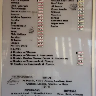 a menu on a white board