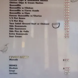 a menu on a white board