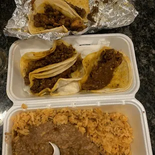 Al pastor tacos w/ rice and beans