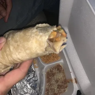 THIS IS A CALIBURRITO ALL TORTILLA AND ONIONS. TWO SPOON FULLS OF RICE &amp; BEANS. THEY DONT DO REFUNDS OR RE MAKE THE FOOD.