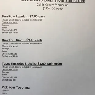 Breakfast Menu Saturdays ONLY 8am-11am