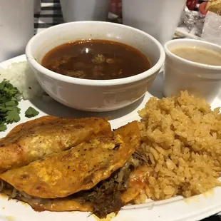 Birria tacos made with goat, white beans, and the fresh rice. Delicious!
