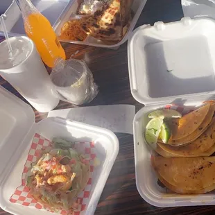 Horchata, Shrimp taco, Chicken quesadilla, and Birria tacos