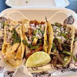 3 Queso Tacos - #1 Asada was so so good! #2 was the pastor also really tasty. #3 was the chicken and definitely a bit dry unfortunately.