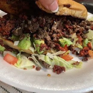 Torta 2 meats (asada + chorizo) with avo