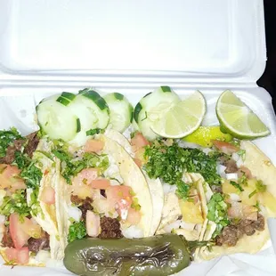 Left to Right: Barbacoa, Chorizo, Chicken, and Steak. Mexican style with added tomato. So much flavor!