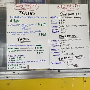 New prices menu