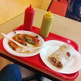 Chile rellano, and steak &amp; egg breakfast burrito.