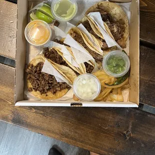 6 tacos Taco Pizzas steak and pork